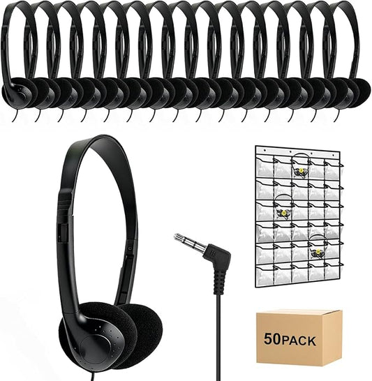50 Pack Bulk Headphones for Kids Students School Classroom Bulk Earphones Adjustable with 3.5 mm Jack for Library Children Adults(004 Black Headphones)