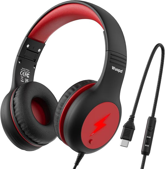 Kids USB C Headphones for School, 2025 Upgrade Safe Listening Wired Over-Ear Headphones with LED Lights, Volume Limiter & Microphone, Foldable Design for iPhone 16, iPad, Tablet (Black Red)