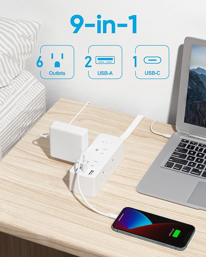 Short Extension Cord 3ft - Olcorife Flat Plug Power Strip with 6 Outlets 3 USB Ports(1 USB C), Small Outlet Extender for Travel Dorm Room Essentials, White