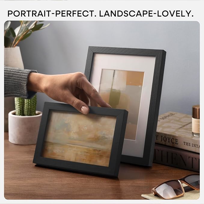 Homeforia 8x12 Black Picture Frame, High End Oak 8 x 12 Wood Frames with Mat 6 by 8 Print, 8by12 Wooden Frame Matted to 6x8 inch Photo, 12x8 Wall or Tabletop Frames, Tempered Glass, Wall Kit, Set of 3
