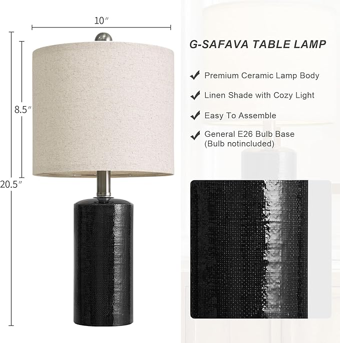 20.5" Small Table Lamps for Living Room Lamp Set of 2 Ceramic Lamps for Bedroom Bedside Lamps Modern Boho Lamps for Night Stands Farmhouse Nightstand Lamp Side End Table Lamp, Black