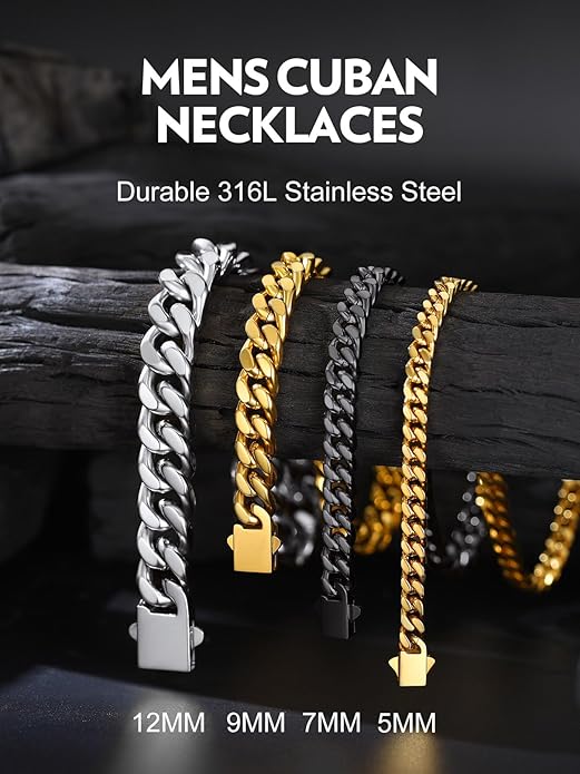 Bandmax Mens Stainless Steel Chain Necklaces 5/7/9/12MM Chunky Miami Cuban Link Chain Necklace Bracelet Silver/Gold Plated/Black Chains for Men 18"-30"