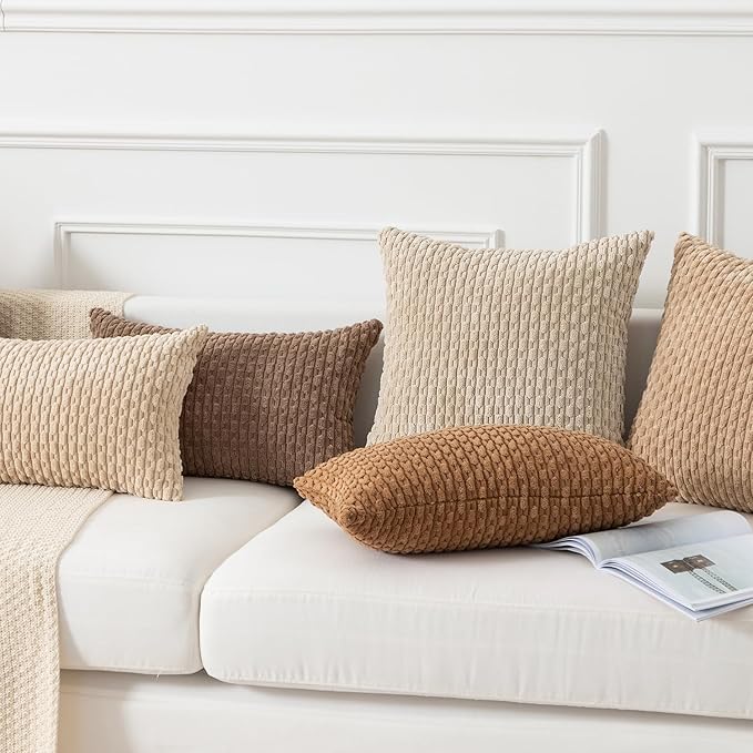 Kevin Textile Throw Pillow Covers Soft Corduroy Decorative Set of 2 Boho Striped Pillow Covers Pillowcases Farmhouse Home Decor for Couch Bed Sofa Living Room 26x26 Inch Beige