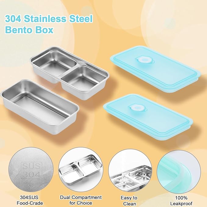 Grab and Go Snack Containers Stainless Steel, Reusable Snack Condiment Containers with Lids, Double Compartment Food Lunch Meal Container Prep for Travel, Small Packs Container, 1 Piece