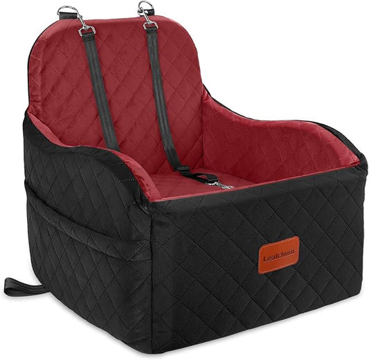 Lealchum Dog Booster Car Seat for Small/Medium Dogs,Puppy Portable Car Bed with Elevated Cushion,Fully Detachable and Washable,2 Storage Pockets,Easy to Install (Blakc/Red, Medium)