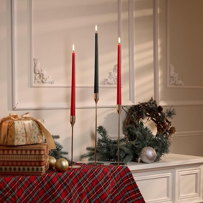 Solid Taper Candle Holders Set of 6, Champagne Gold Long Skinny Candlestick (Heights: 9/11/13 Inch), Heavy Iron Anti-Slip Base for Fireplace Mantle Table Centerpiece Christmas Decor