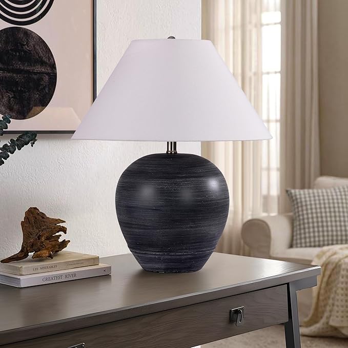 Pia Ricco 21'' Large Gray Base Ceramic Basin Table Lamp for Bedroom, Living Room, Dining Room, Office, White Shade,White Striped Black Base