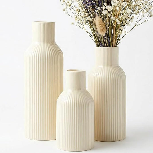 3-Piece Glossy Beige Ceramic Vase Set with Vertical Lines, Minimalist Solid Color Design, Decorative Vases for Shelf, Mantel & Tabletop, Assorted Sizes (9.8"/7.8"/5.9" H)