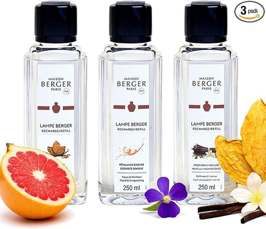 Maison Berger Lampe Fragrance Trio Rosalie - 3×250ml Premium Scented Refills (Amber Tobacco, Exquisite Sparkle, Vanilla Magnificence) for Home Diffuser Use - Crafted in France - Elegant Gift Set