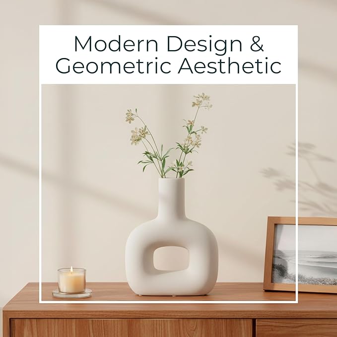 Sagebrook Home Modern Stoneware Vase - Decorative Dolomite Flower Holder - Minimalist Home & Office Accent - Stylish Tabletop Centerpiece for Living Room, Bedroom & Desk Decor - 8" White