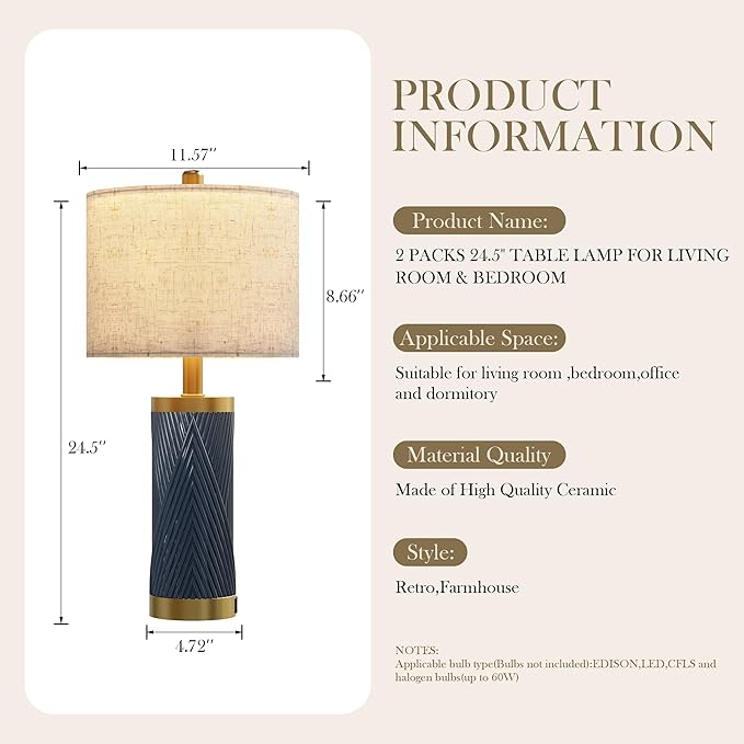 24.5" Modern Ceramic Table Lamp Set of 2 for Living Room, Table Lamps with USB Ports for Bedroom Set of 2， Farmhouse Bedside Nightstand Bedside Lamp End Table Lamps Blue