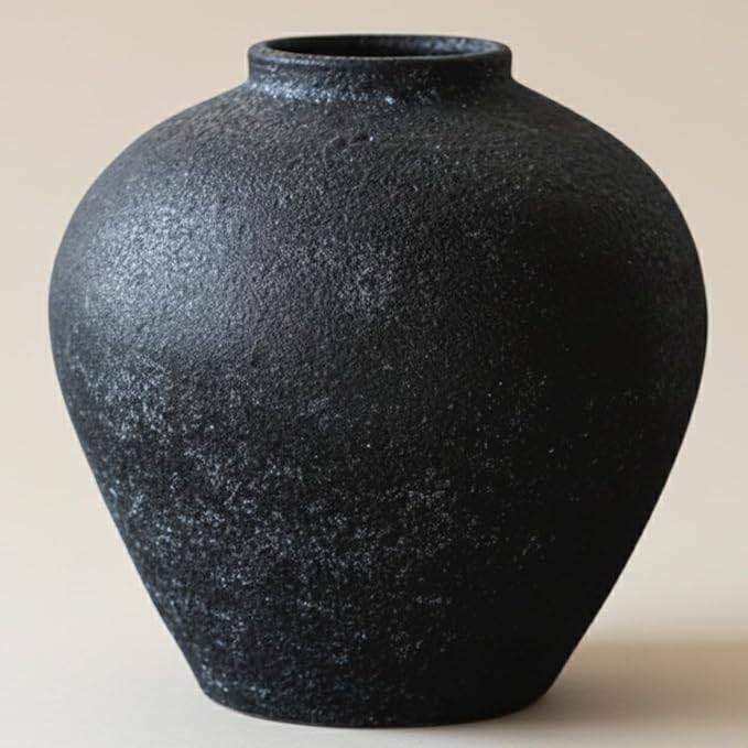 Handmade Large Rustic Ceramic Vase 10.6 inches Tall, Farmhouse Stone Decor, Big Black Round Vase Living Room Home Decor, Earthy Textured Large Vases for Centerpieces Console Table