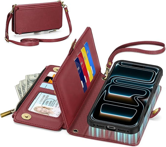 TUCCH Detachable Crossbody Case Wallet for iPhone 17 Pro Max 6.9", Wireless Charging | RFID Blocking 10 Card Holder | Lanyard Wrist Strap | Stand | Zipper Pocket | PU Leather Magnetic Cover | Dark Red