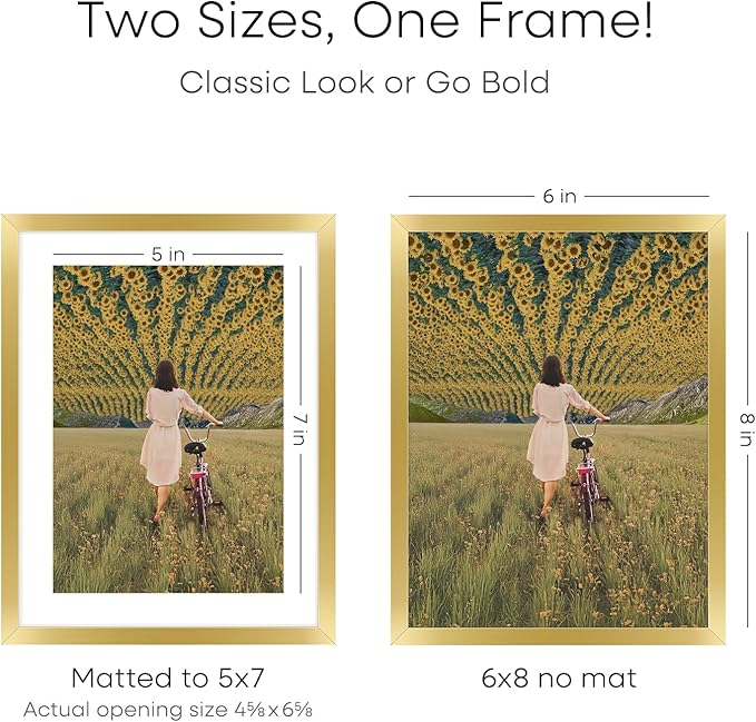 Homeforia 6x8 Picture Frame Gold, High End Metal 6 x 8 Frames with Mat 5 by 7 for Print, Photo Frame 6x8 Gold Matted to 5x7 inches Art, 6by8 Wall or Tabletop Frames, Tempered Glass, Wall Kit, Set of 2