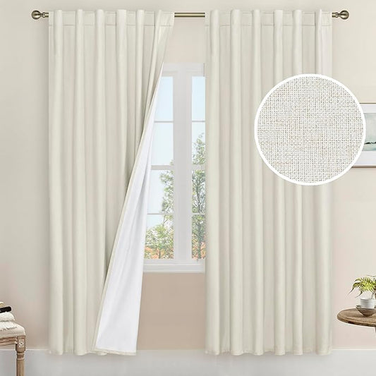 LAMIT Natural 100% Blackout Linen Curtains, 78 Inches Linen Textured Thermal Bedroom Curtains Back Tab and Rod Pocket Neutral Panels with White Liner for Farmhouse, 2 Panels, 52 x 78 Inch, Ivory