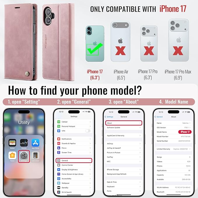 PlusnapX Wallet Case for iPhone 17 Compatible with Magsafe, 2-in-1 PU Leather Flip RFID Blocking Card Holder Stand Shockproof Magnetic Detachable Cover for iPhone 17 Case 6.3", Pink