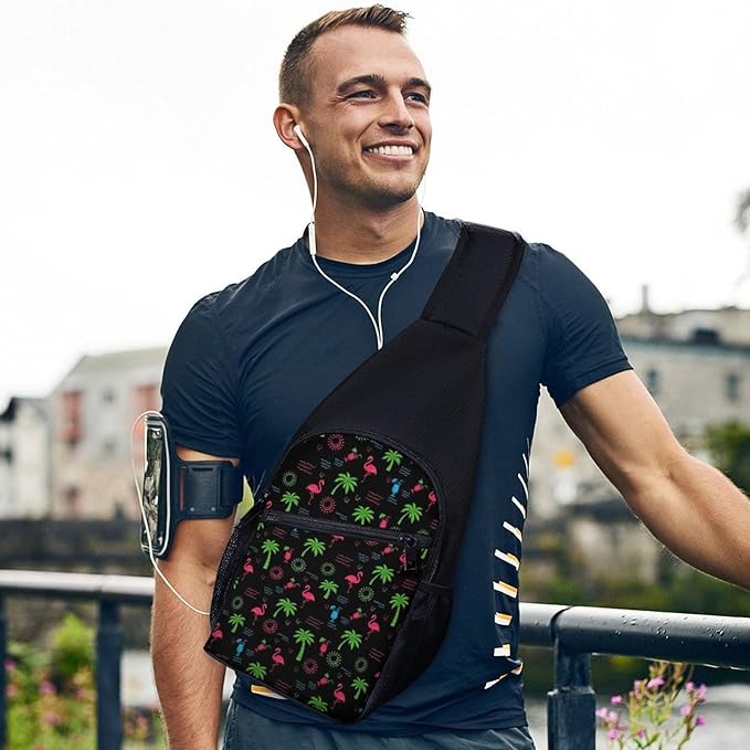 SWEET TANG Casual Sling Backpack for Men Chest Shoulder Crossbody Backpack, Unbalance Gym Funny Sack, Neon Flamingo Travel Bag Outdoor Hiking Daypack