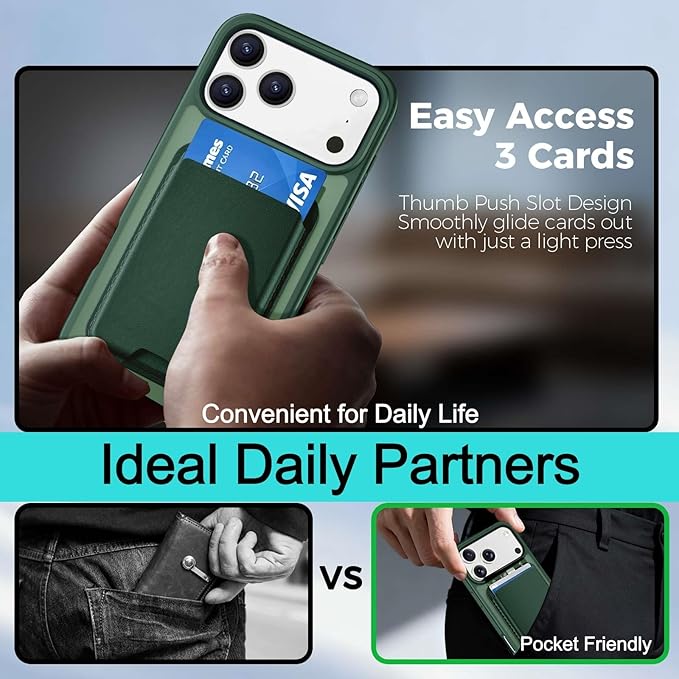 Ntwinro Magnetic for iPhone 17 Pro Max Case (Compatible with MagSafe) with Detachable Wallet & Card Holder for 3 Cards [RFID Blocking] Military Grade Protective Slim Phone Cover, Green
