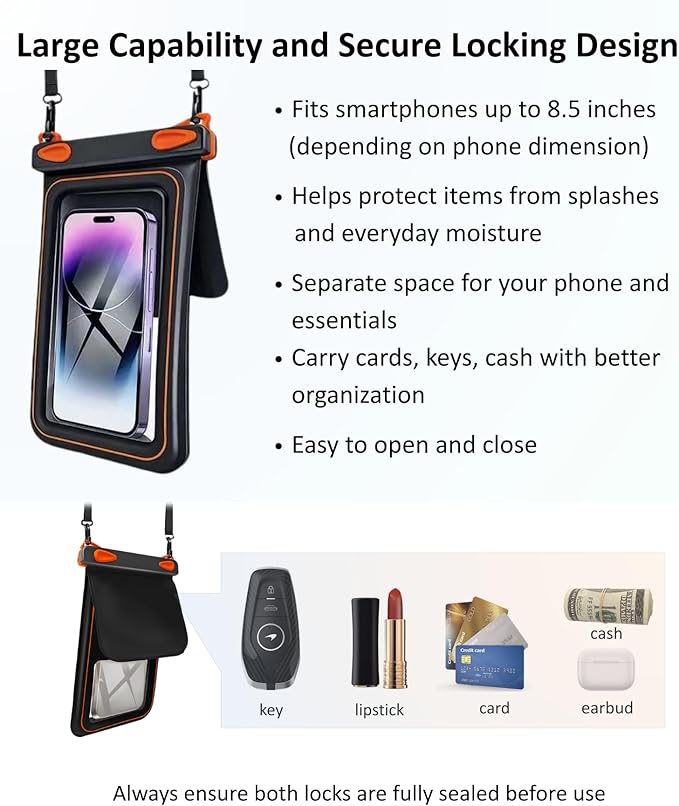 2 Pack Floating Phone Pouch with Dual Compartments, IPX8 Rated Waterproof Case for Rain, Beach, Boating & Kayaking, Clear Touch Screen, Fits Phones Up to 8.5”(Black-Black)