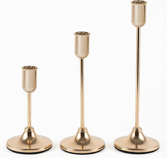 3 Pcs Gold Candlestick Holders Set - Vintage Brass Taper Candle Holder for Pillar Candles - Modern Decorative Centerpiece for Wedding Fireplace Mantel Decor - Cozy Atmosphere Housewarming Gift