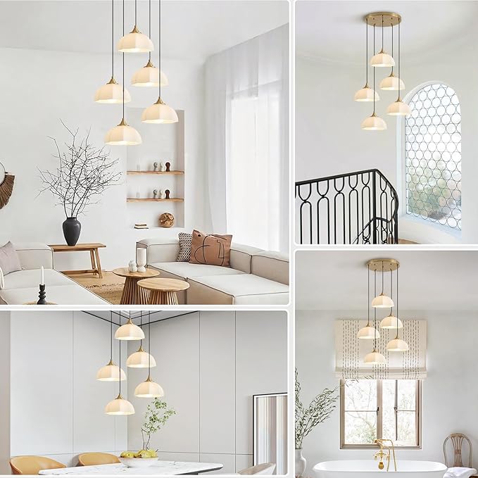Modern 5 Light Brushed Gold Pendant Lighting Mid Century Milk Glass Cluster Pendant Lights Kitchen Island Adjustable Brass Hanging Chandelier Vintage White Ceramic Light Fixture MPL17-5R GD