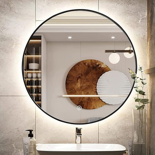 24" Round LED Bathroom Mirror, Wall Mounted Backlit Vanity Mirror with 45° Beveled Frame Lighted Mirror for Bedroom, Fog Free 3-Color Dimmable Lights Memory Function, Black