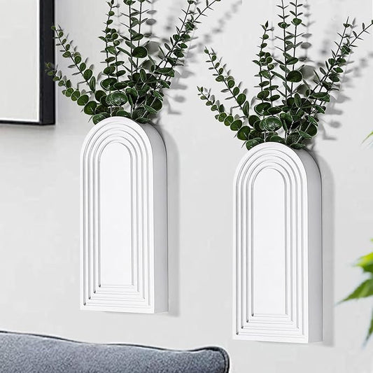 2 Pack Wooden Wall Vase Set - White Finish Modern Farmhouse & Boho Wall Decor for Entryway, Hallway, Bathroom, Living Room, Dining Room, Narrow Spaces