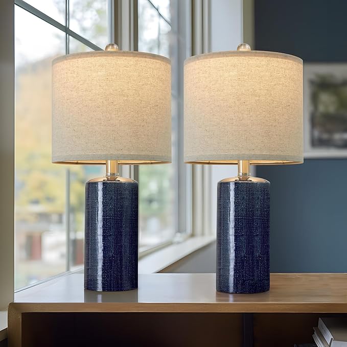 20.25" Small Table Lamps Set of 2 Modern Ceramic Lamps for Living Room Farmhouse Bedside Lamps Boho for Night Stands Bedroom Lamps Side Table Lamps End Table Lamps, Blue