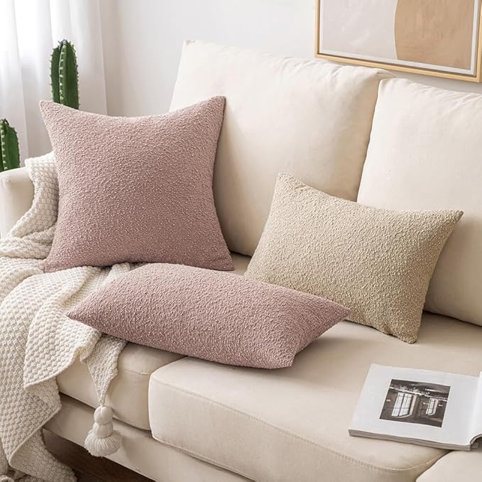 MIULEE 18x18 Inch Decorative Pillow Covers for Couch Bed Set of 2 Textured Boucle Neutral Winter Throw Pillows Pink Accent Solid Cushion Pillowcases Sofa Livingroom Home Decor