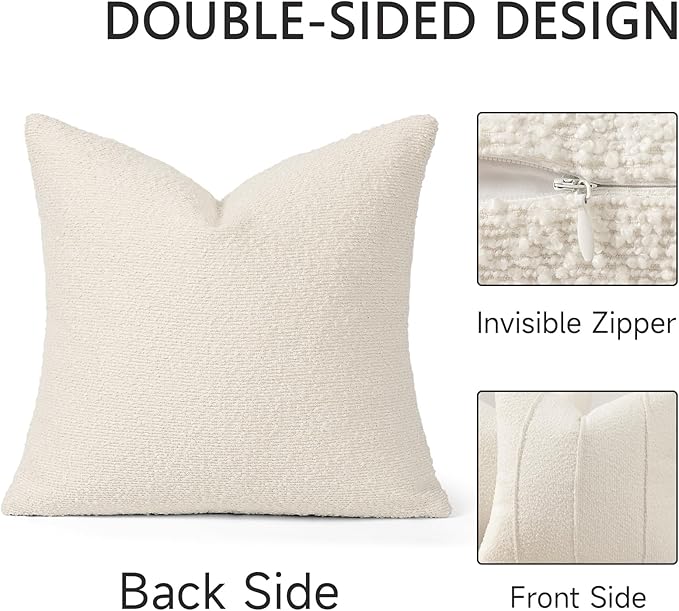 YCOLL Textured Boucle Throw Pillow Covers 24x24 Pack of 2 - Soft Neutral Striped Cushion Covers, Cozy Accent Decorative Pillow Covers for Couch, Sofa, Bed, Living Room (Ivory)