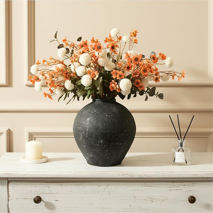Handmade Large Rustic Ceramic Vase 10.6 inches Tall, Farmhouse Stone Decor, Big Black Round Vase Living Room Home Decor, Earthy Textured Large Vases for Centerpieces Console Table
