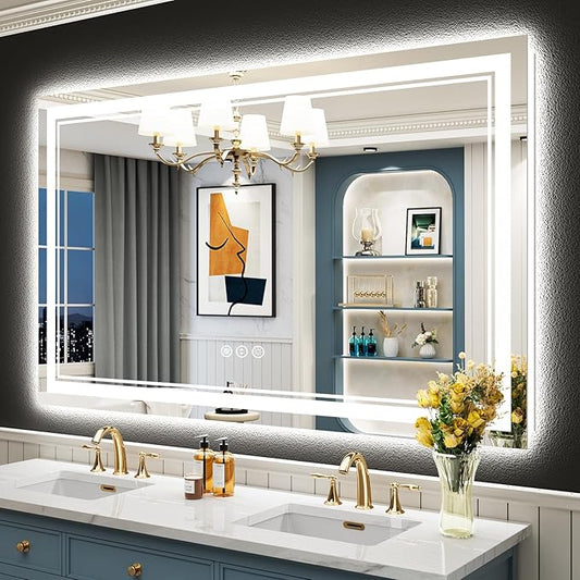 55x36 LED Bathroom Mirror with Lights, Backlit and Front Lit, Anti-Fog Lighted Vanity Mirrors for Bathroom Wall, Dimmable, 3-Color Light, Memory, Shatter-Proof, HD Tempered Glass, CRI＞90