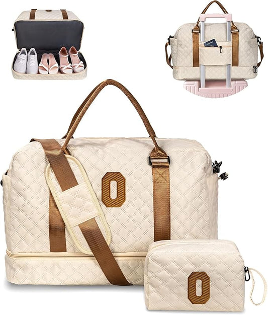 Vogewood Personalized Gifts-Initial Duffle Bag with Shoe Compartment, Personalized Weekender Bag, Monogram Overnight Bag, Letter Travel Bag with Makeup Bag，Birthday Gift for Grandma (Letter O), Beige