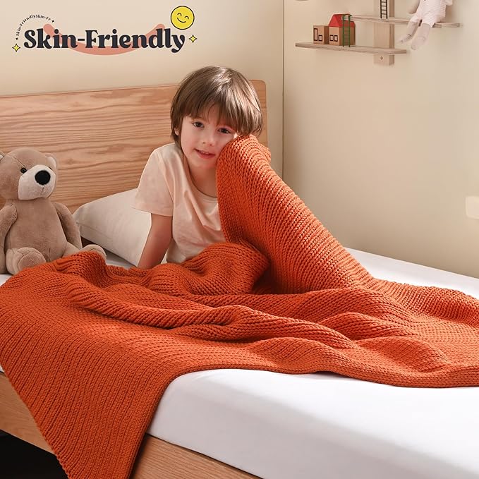 Guohaoi Knitted Weighted Blanket Kids (Orange 36"x48" 3lbs) No Beads Cooling Heavy Blanket, Home Decor Breathable Chunky Knit Throw Blanket for All-Season Use
