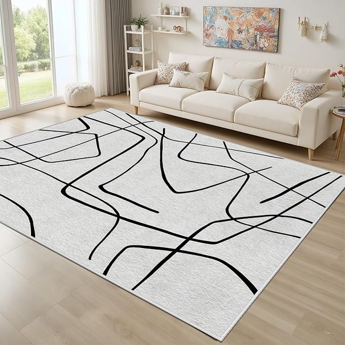 Black and White Rug - Abstract Area Rug, Black and White Rugs for Living Room, Modern Minimalist Washable Rugs, Contemporary Carpet Non Slip Home Decor, Curve 4x6