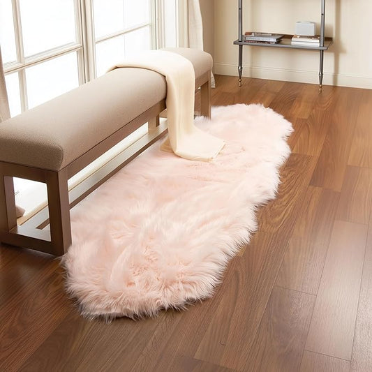 Super Area Rugs Ultra Soft & Fluffy Faux Sheepskin Rug, Light Pink 2 x 6 Feet Sheepskin Carpet for Bedroom Living Room