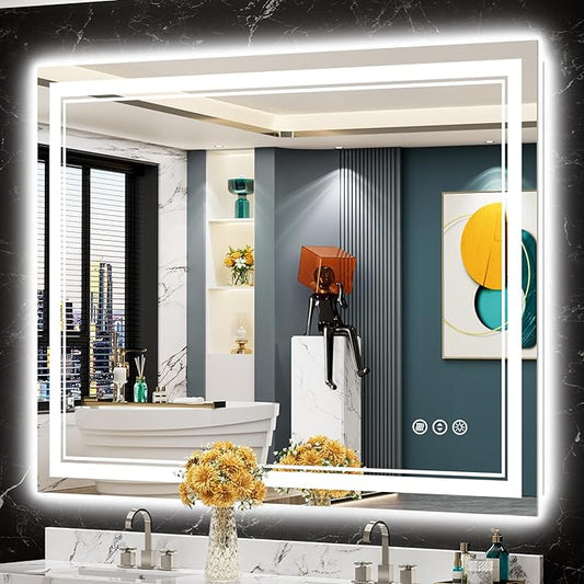 48x36 LED Bathroom Mirror with Lights, Backlit & Front Lit, Anti-Fog Frameless Lighted Vanity Mirrors for Bathroom Wall, Dimmable, 3-Color Light, Memory, Shatter-Proof, Tempered Glass, CRI＞90