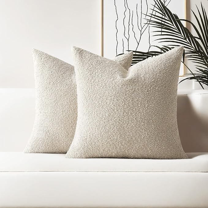HAUSSY Set of 2 22x22 Decorative Throw Pillow Covers, Soft Cozy Textured Boucle Couch Cases, Home Decor for Couch Bed Living Room, Beige