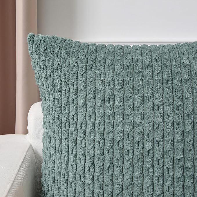 Kevin Textile Decorative Pillow Covers Set of 2 Striped Plush Corduroy Pillows Pillowcases Boho Home Decor Cushion Covers for Couch Sofa Bed Living Room 24x24 Inch, Teal Green
