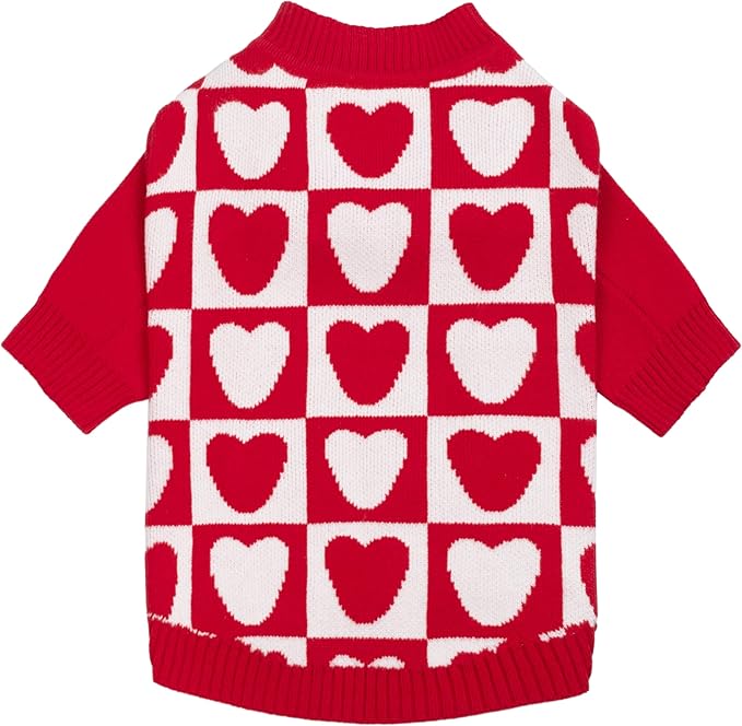 Fitwarm Checkered Heart Dog Sweater, Cozy Valentines Outfit for Small Dogs Girl, Festive Pet Clothes, Red, White, Large