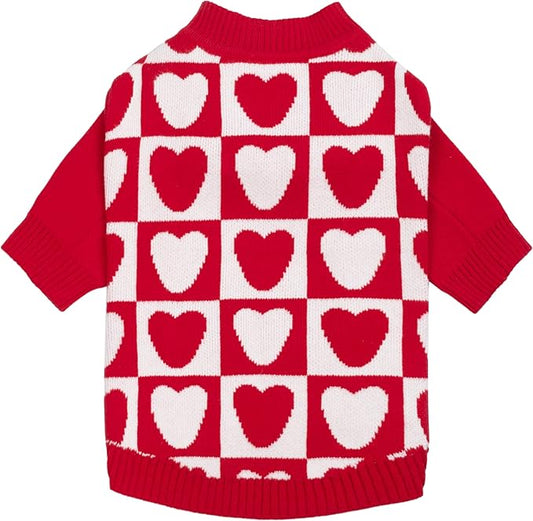 Fitwarm Checkered Heart Dog Sweater, Cozy Valentines Outfit for Small Dogs Girl, Festive Pet Clothes, Red, White, Large