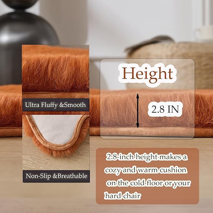 1700GSM Fuzzy Faux Sheepskin Fur Area Rug,Extra Soft Faux Fur Mat,Fluffy Shaggy Fur Rug for Bedroom Living Bedside Rug Room Decor-Burnt Orange, 2 x6 ft