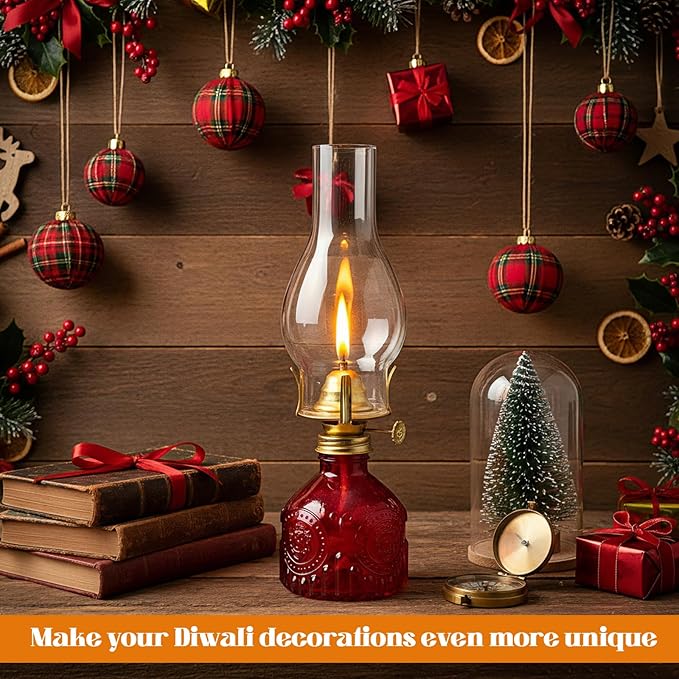 3 Pcs Red Chamber Oil Lamps for Indoor Use 10.6'' Vintage Kerosene Lamp Hurricane Oil Lantern Adjustable Fire Wick Decorative Lantern for Valentines Wedding Table Decor Emergency Lighting