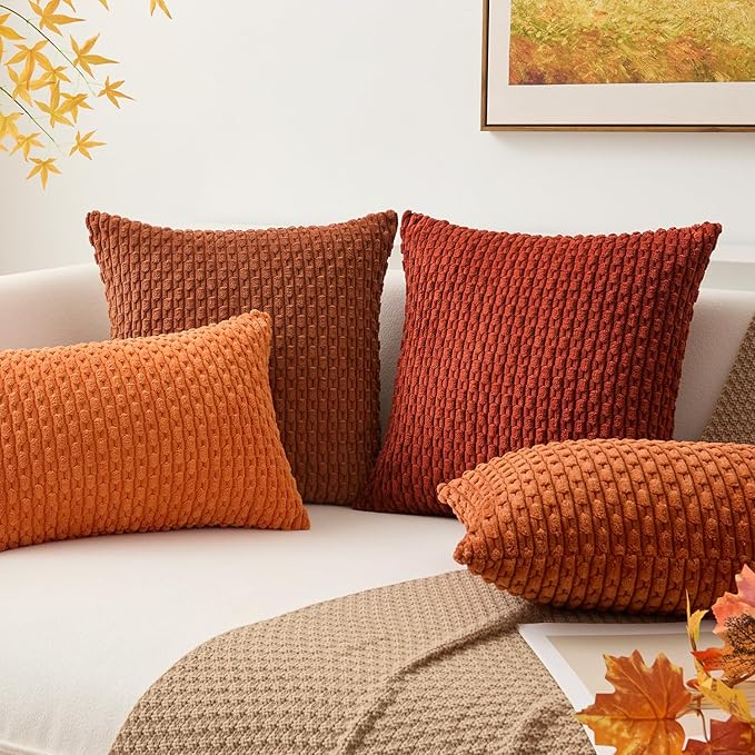 Kevin Textile Fall Pack of 2 Corduroy Decorative Throw Pillow Covers 16x16 Inch Soft Boho Striped Pillow Covers Modern Farmhouse Home Decor for Spring Sofa Living Room Couch Bed Orange