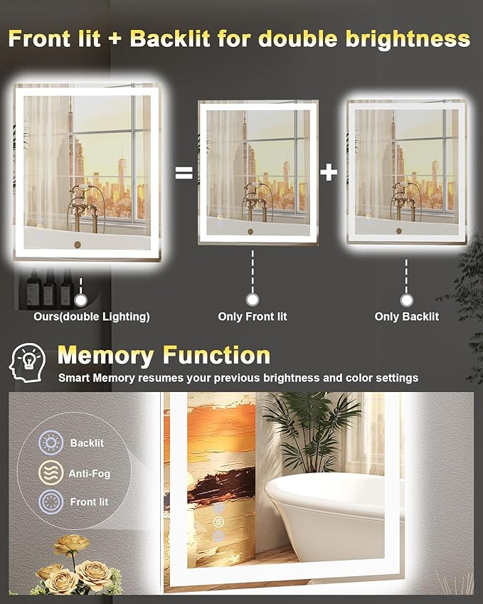 60"x 36" LED Bathroom Mirror with Lights, Front and Backlit Large LED Vanity Mirror, Controlled Separately Wall LED Smart Mirror with 3 Colors, Anti-Fog, Stepless Dimmable, Memory(ETL)