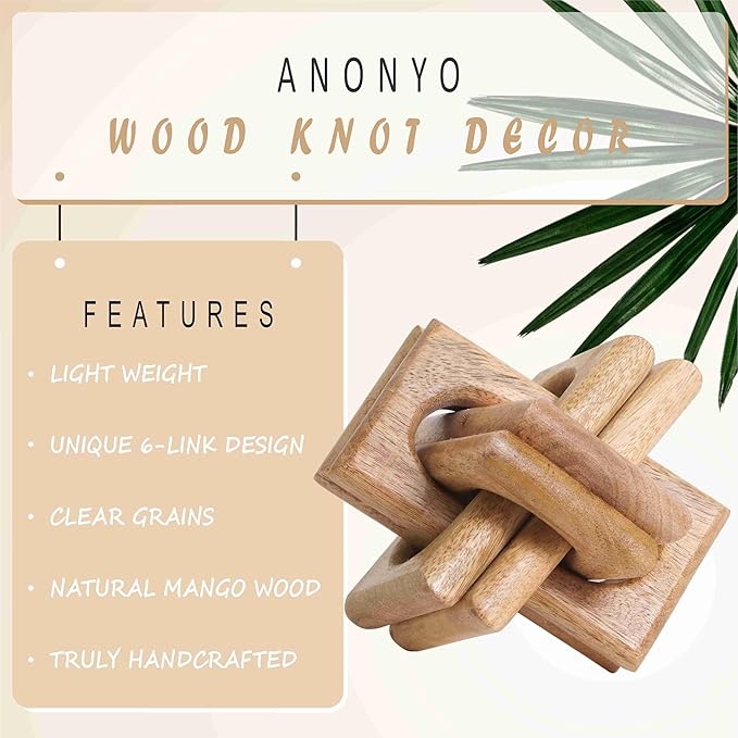 Boho Wooden Chain Links Decorative Object for Coffee Table & Shelf | Handmade Mango Wood Knot Sculpture Rustic Modern Arch Décor for Living Room, Entryway, Console, Office Home Accent (Natural)