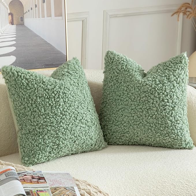 Yaertun Pack of 2 Faux Fur Throw Pillow Covers Decorative Sherpa Boucle Pillow Covers Fuzzy Soft Pillowcases Sheepskin Fleece Cushion Case for Couch Sofa Bed Living Room 24x24 Inch Sage Green
