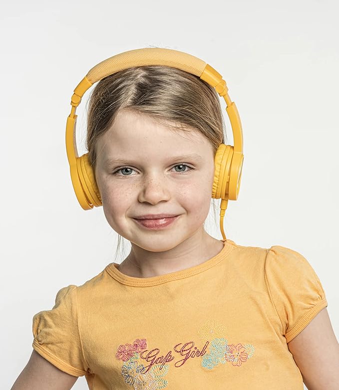 BuddyPhones Explore Plus | Foldable Kids Wired Headphones, Built-in Audio Sharing Cable with in-Line Mic - SafeAudio Volume-Limiting for Kindle, iPad, iPhone, or Android (Grey Matter)
