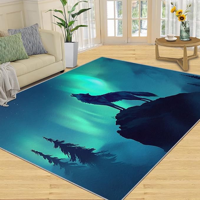 Wolf 5x6 Area Rugs for Living Room -Forest Washable Rug Aurora Non-Slip Carpet Indoor Floor Stain Resistant Thin Carpets for Bedroom Dining Room Home Office