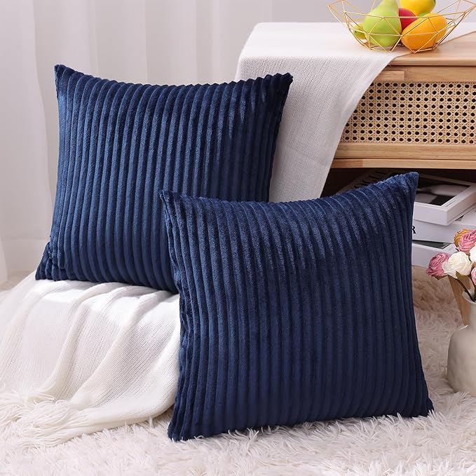 Simmore Decorative Spring Euro Sham Throw Pillow Covers 22x22 Set of 2, Soft Natural Plush Flannel Double-Sided Fluffy Couch Pillow Covers for Sofa Living Room, Navy Blue